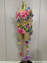 2025Sparkly Rhinestones 3D Flower Nude Mesh Transparent Jumpsut Women Evening Party Birthday Nightclub Performance Stage Costume